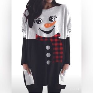 Women’s Snowperson Face Black/Off White/Red Long Sleeve Tunic Top. Size 2X
